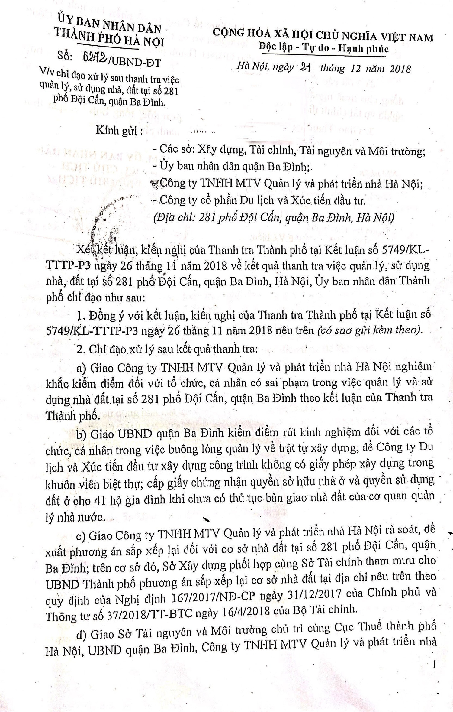 Bài 6: Kiến nghị UBND thành phố thu hồi nhà chuyên dùng 281 Đội Cấn -0