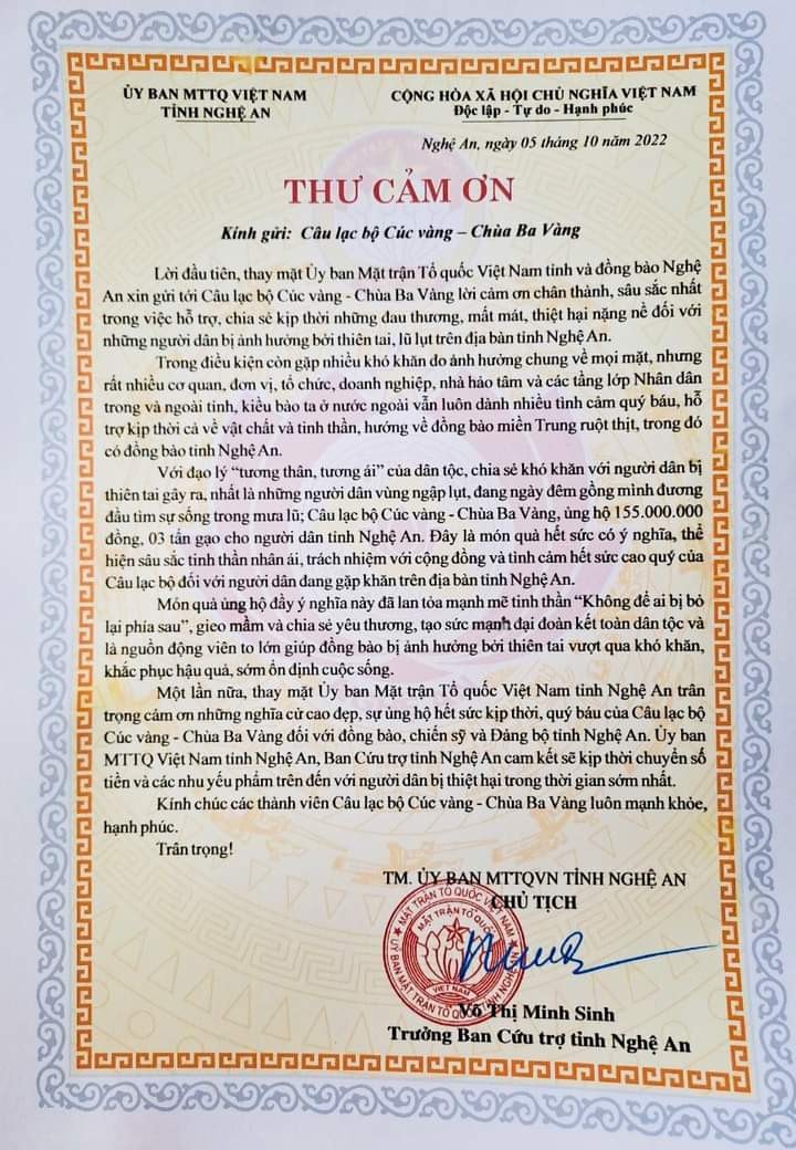 Câu lạc bộ Cúc Vàng - Chùa Ba Vàng gửi tặng đồng bào bị ảnh hưởng bởi thiên tai Nghệ An 3 tấn gạo và 100 triệu đồng -0