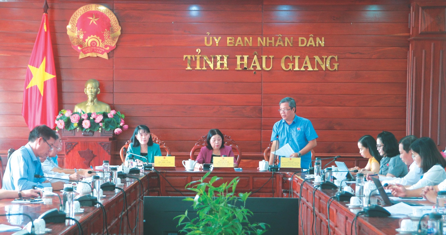 Ban Văn hóa - Xã hội HĐND tỉnh Hậu Giang làm việc tại UBND tỉnh về việc thực hiện chế độ, chính sách cho lực lượng tham gia phòng, chống dịch và một số đối tượng bị ảnh hưởng bởi dịch Covid-19 Ảnh: Thế Sự