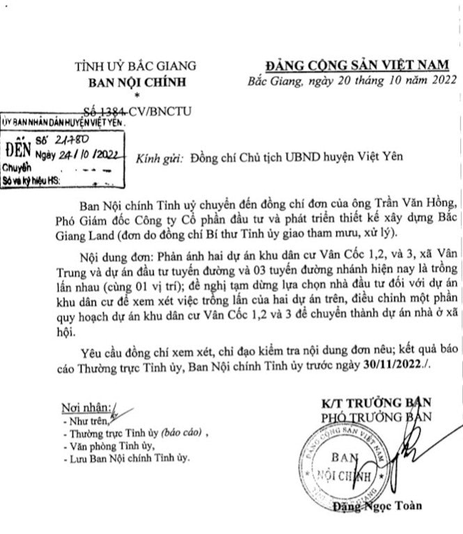 Ban Nội chính tỉnh uỷ Bắc Giang yêu cầu xem xét đơn kiến nghị giải quyết 2 dự án chồng lấn