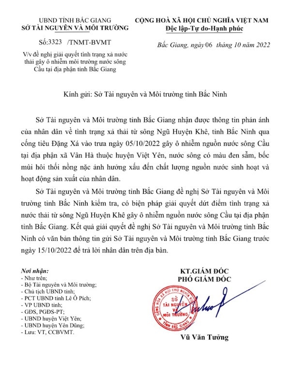 Đề nghị tỉnh Bắc Ninh giải quyết dứt điểm tình trạng xả thải gây ô nhiễm sông Cầu