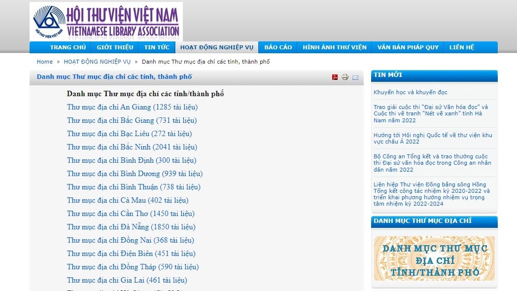 Danh mục Thư mục địa chí các tỉnh, thành phố vừa được khai trương trên trang web của Hội Thư viện Việt Nam - Ảnh chụp màn hình