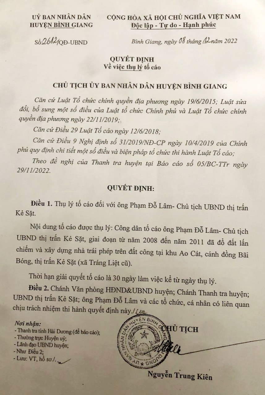 Hải Dương: Thành lập Đoàn xác minh nội dung người dân tố Chủ tịch UBND thị trấn Kẻ Sặt