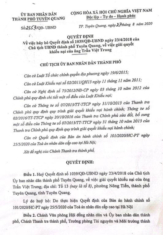 Vụ người dân kiện thắng UBND TP Tuyên Quang: Quyền lợi hợp pháp của dân đã được đảm bảo?