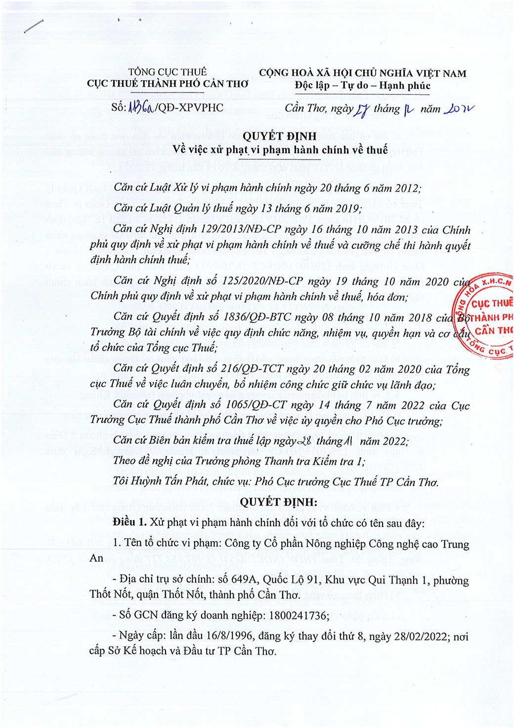 Nông nghiệp công nghệ cao Trung An bị phạt và truy thu gần 4 tỷ đồng tiền thuế -0
