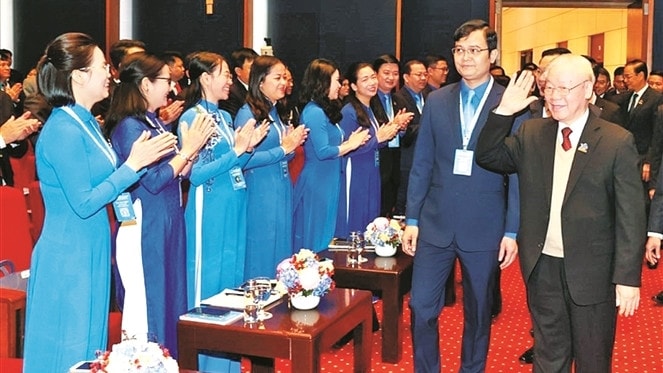 Tổng Bí thư Nguyễn Phú Trọng với các đại biểu tại Đại hội đại biểu toàn quốc Đoàn TNCS Hồ Chí Minh lần thứ XII Ảnh: Trí Dũng