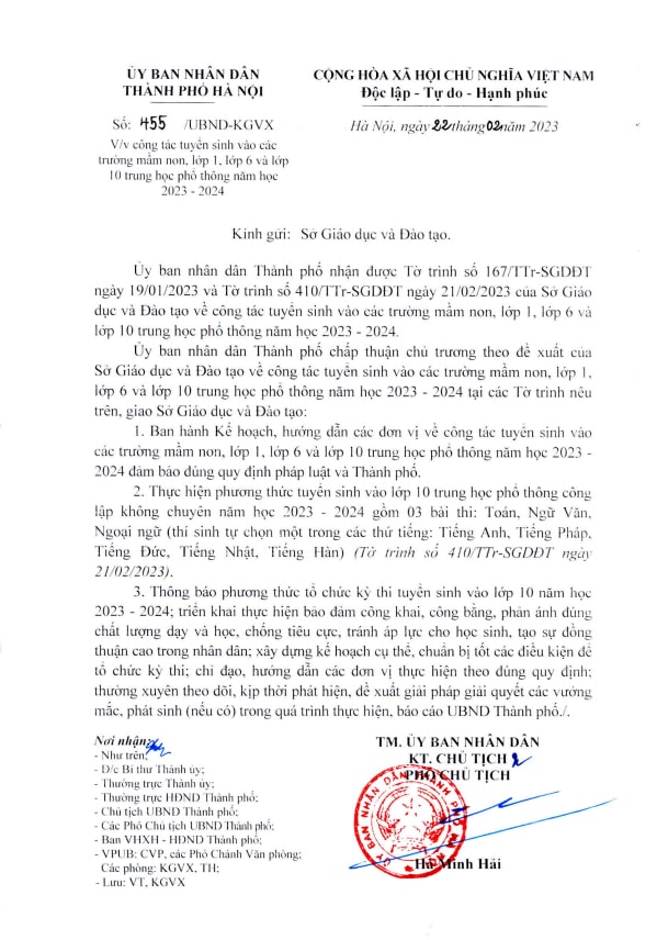 Nội dung văn bản chỉ đạo của UBND TP.Hà Nội về công tác tuyển sinh năm học 2023 - 2024