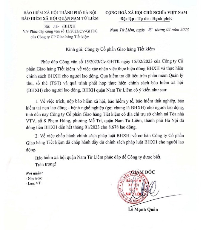 Công ty CP Giao hàng Tiết kiệm phản ứng việc bị cơ quan bảo hiểm nêu tên nợ bảo hiểm xã hội