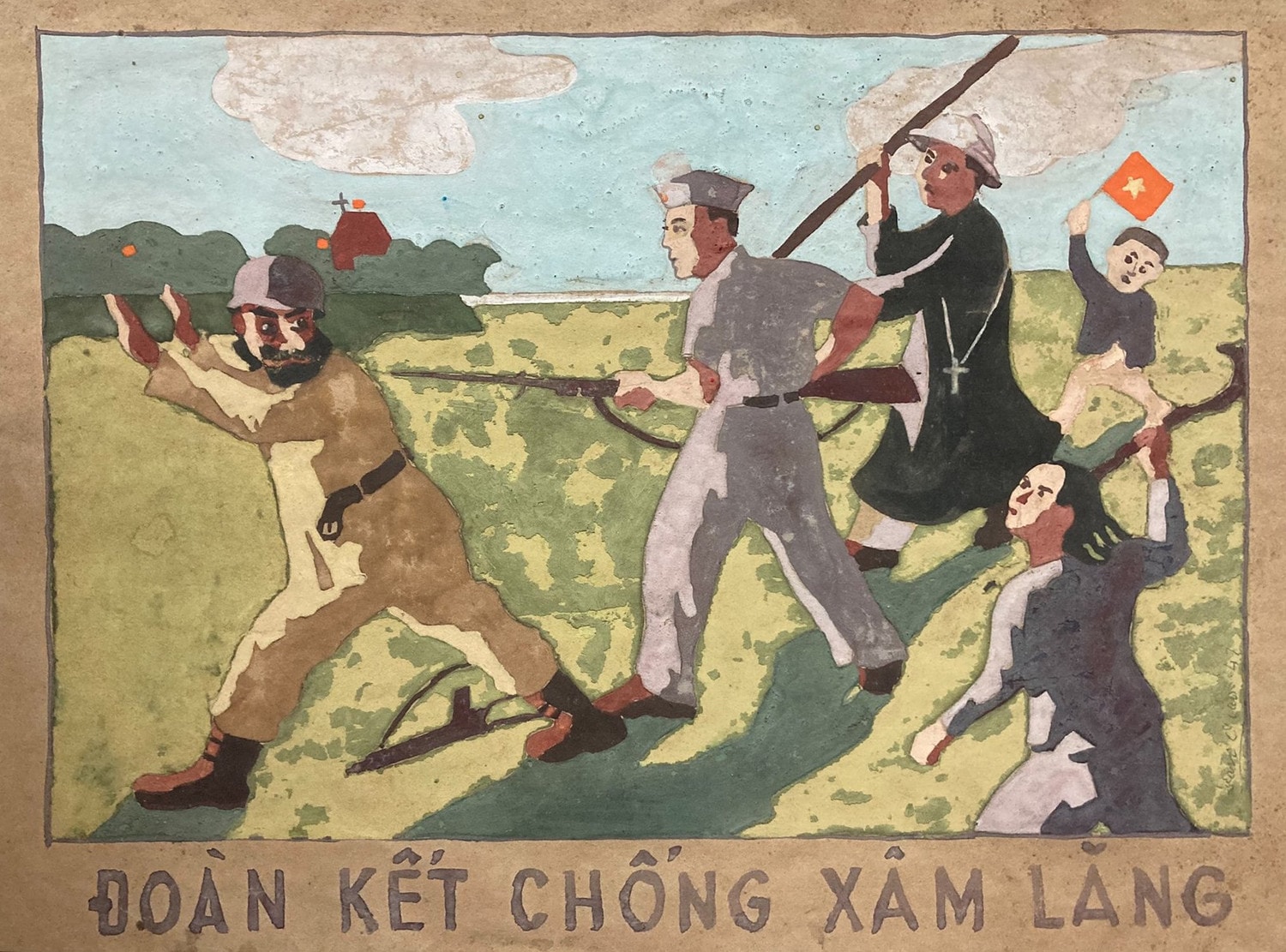 "Đoàn kết chống xâm lăng", tranh bột màu, giấy của họa sĩ Nguyễn Văn Giáo năm 1947. Nguồn: BTMTVN