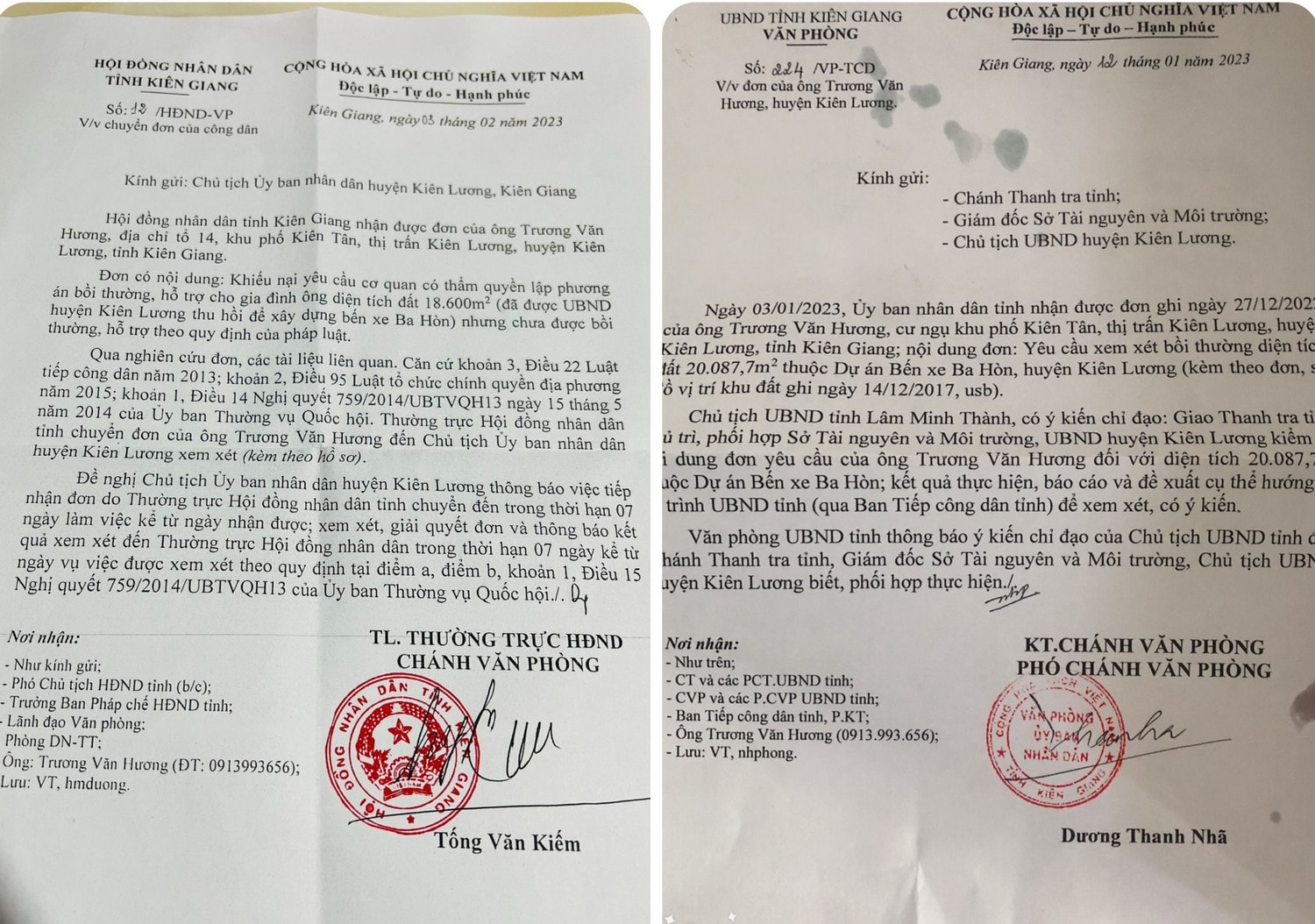 Thường trực HĐND tỉnh, UBND tỉnh Kiên Giang yêu cầu UBND huyện Kiên Lương thụ lý đơn và thông báo kết quả giải quyết đơn thư của ông Hương Huyện thu hồi hàng chục nghìn m2 đất, hơn 20 năm chưa giải quyết xong cho dân