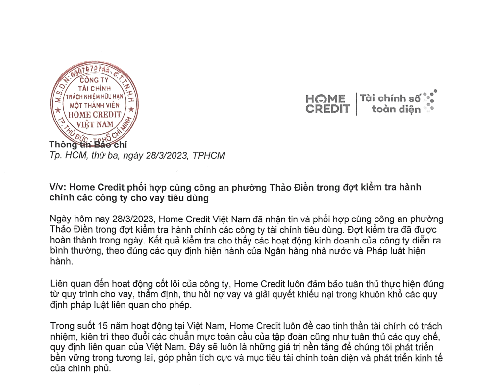 Home Credit Việt Nam lên tiếng phối hợp cùng cơ quan chức năng trong đợt kiểm tra hành chính các công ty cho vay tiêu dùng -0