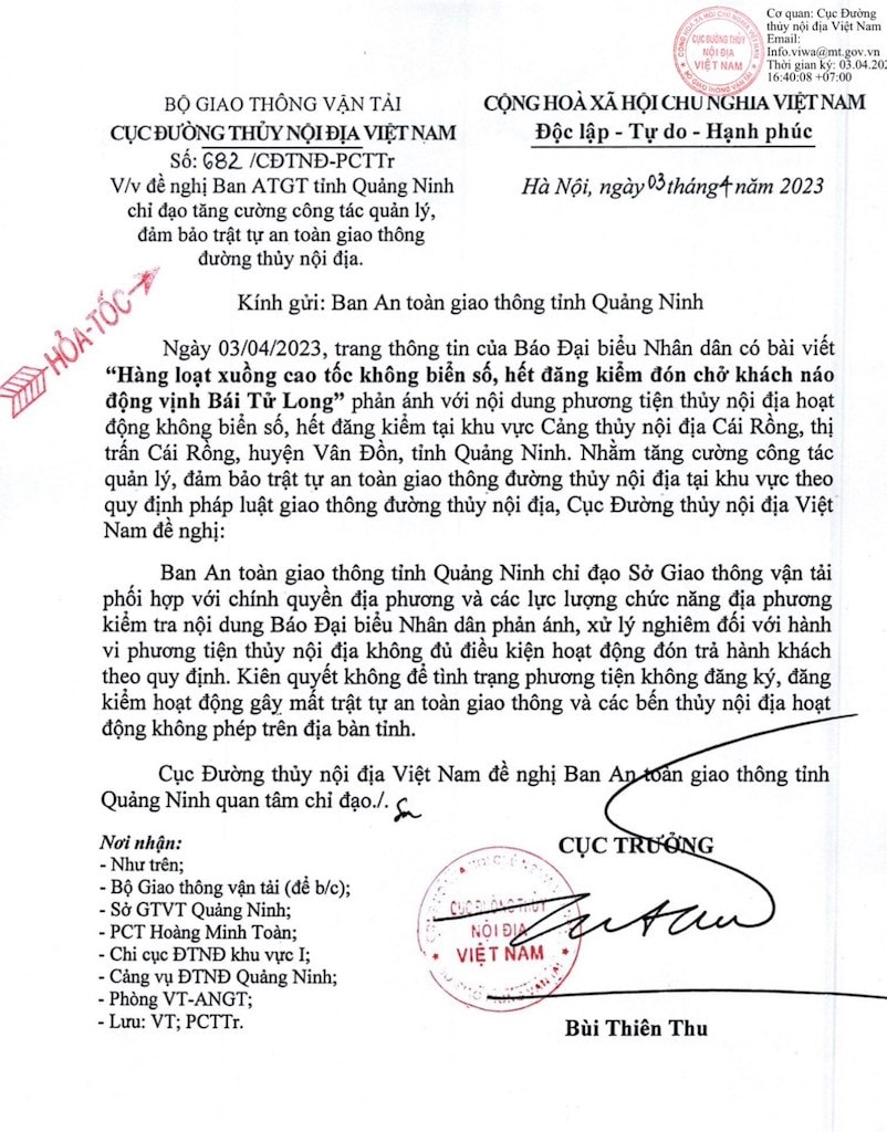 Vụ tàu không biển số, hết đăng kiểm đón chở khách náo động vịnh Bái Tử Long: Cục đường thuỷ nội địa Việt Nam ra công văn hoả tốc -0