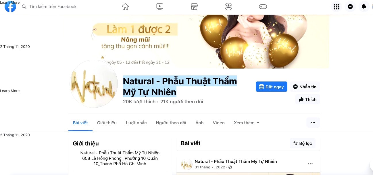 Trang facebook đăng tải các thông tin quảng cáo về Thẩm mỹ viện Natural TP. Hồ Chí Minh: Thẩm mỹ viện Natural ngang nhiên hoạt động không phép -1