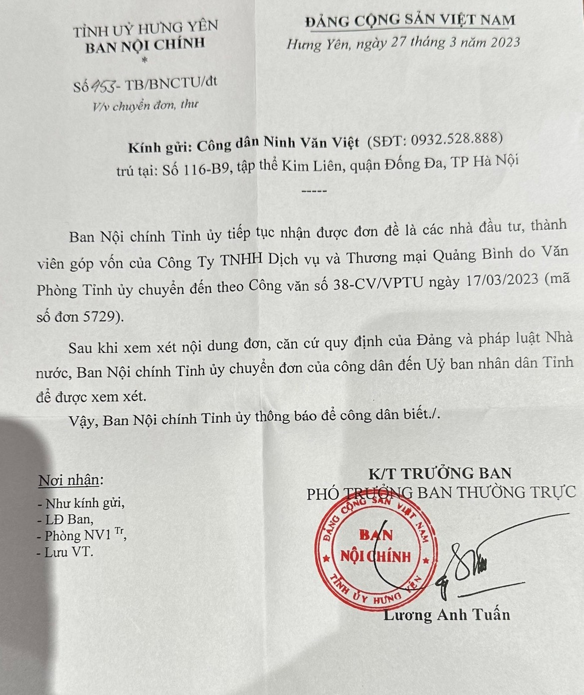 Ban Nội chính tỉnh uỷ Hưng Yên đề nghị xem xét, giải quyết đơn thư của Công ty TNHH Dịch vụ và Thương mại Quảng Bình -0