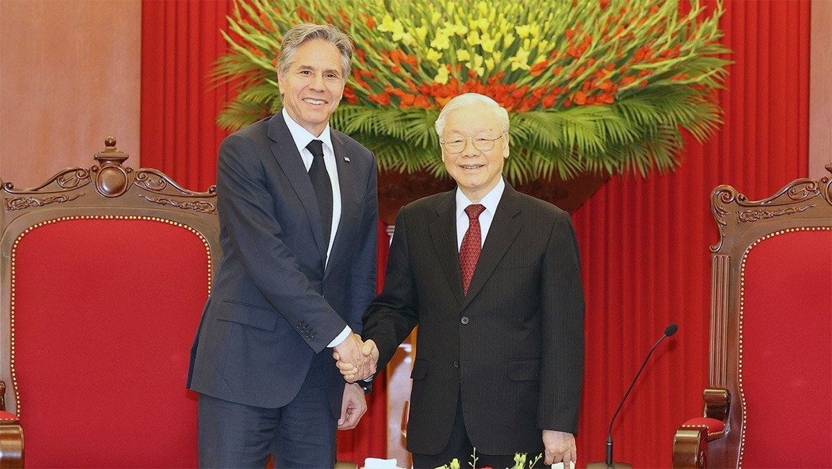 Party General Secretary Nguyen Phu Trong receives US Secretary of State Antony Blinken. Photo: Tri Dung Party chief receives US Secretary of State -0