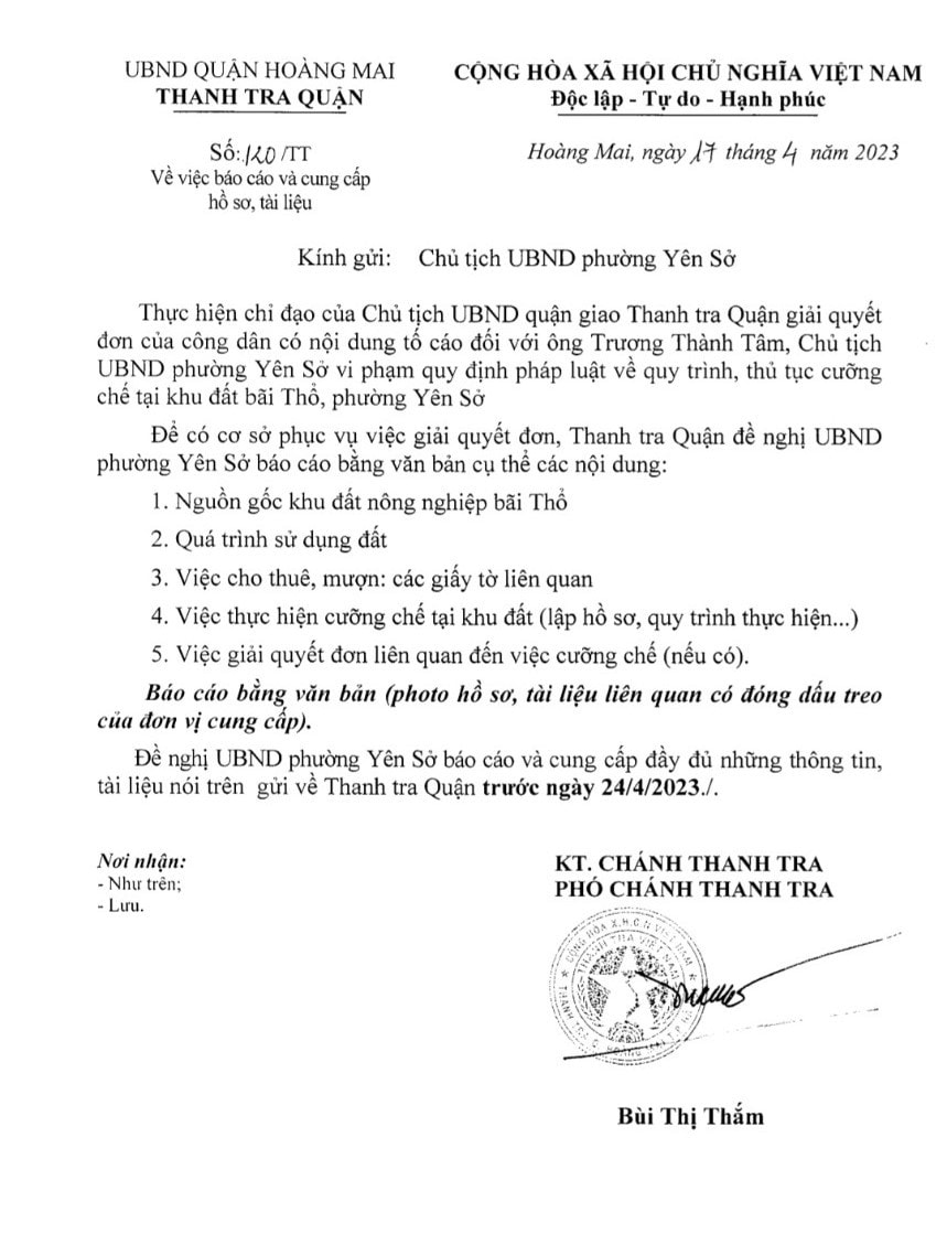 Tranh tra quận Hoàng Mai yêu cầu UBND phường Yên Sở báo cáo vụ cưỡng chế khu đất bãi Thổ -0