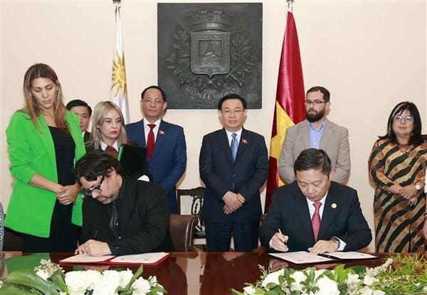 NA Chairman Vuong Dinh Hue and Acting Mayor of Montevideo Mauricio Zunino witness the signing of the letter of intent between HCM City and Montevideo. Photo: VNA NA Chairman meets leader of Uruguay capital city -0