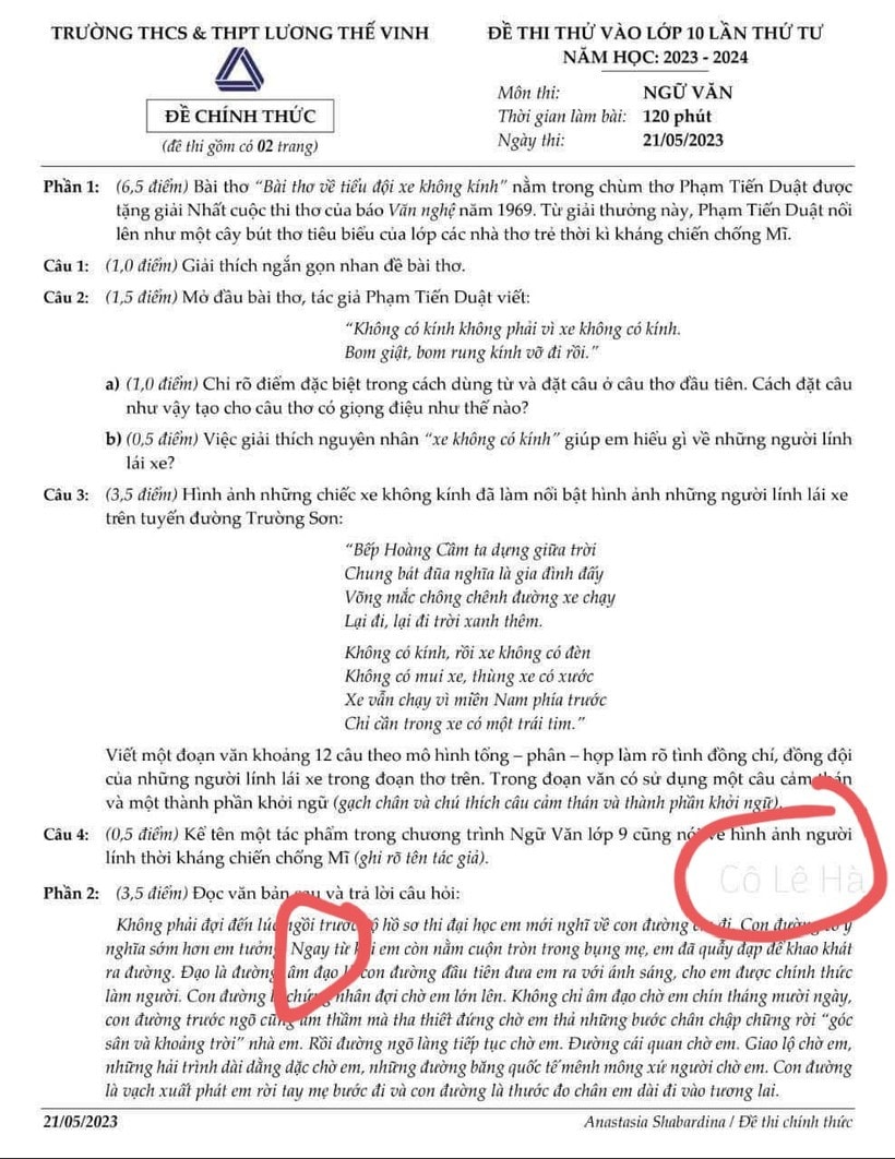 Xôn xao đề thi Ngữ văn “phản cảm”, trường Lương Thế Vinh lên tiếng -0