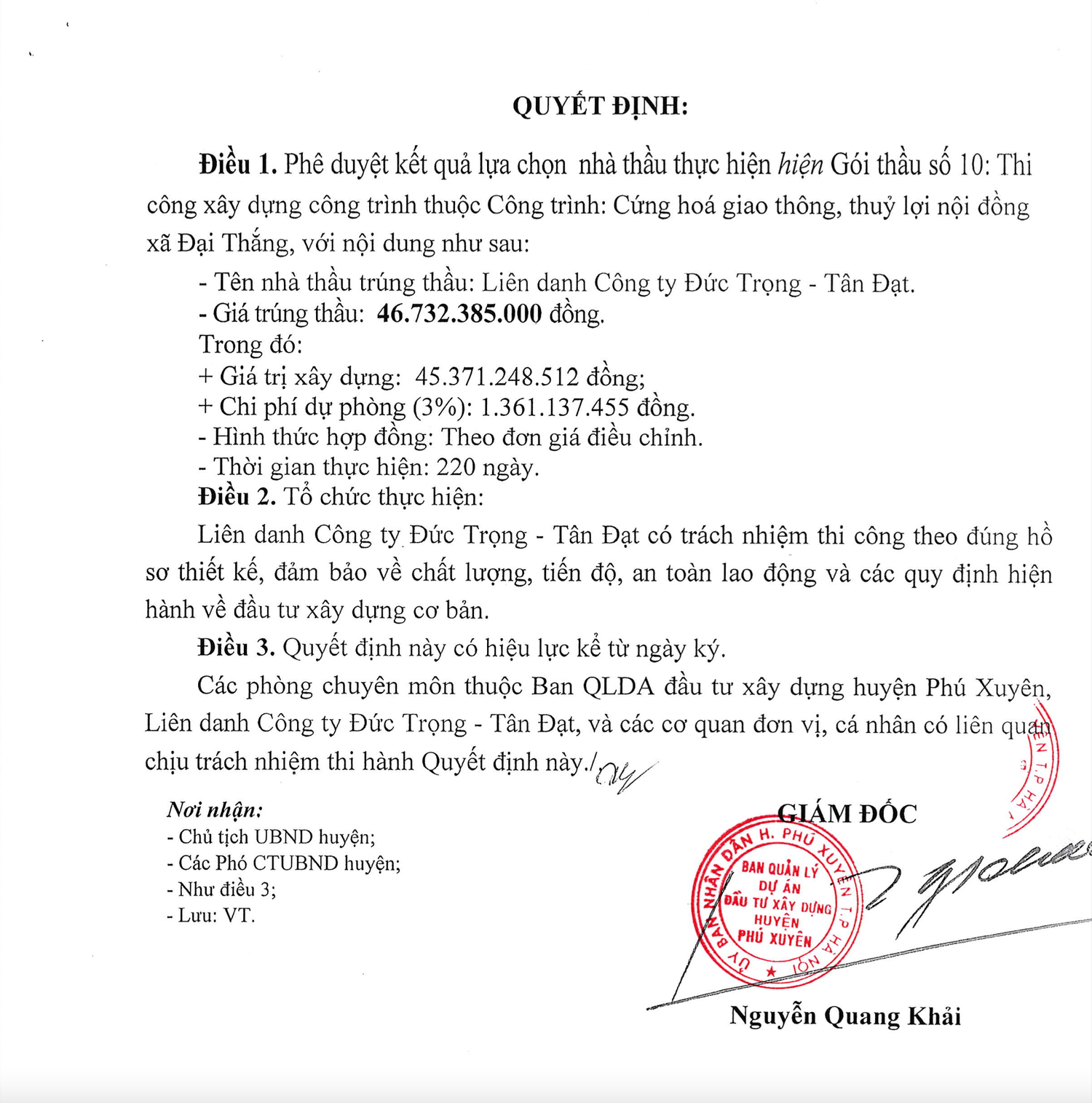 Hàng loạt gói thầu do Ban QLDA huyện Phú Xuyên làm chủ đầu tư có tỷ lệ tiết kiệm ngân sách “gần bằng 0” -0
