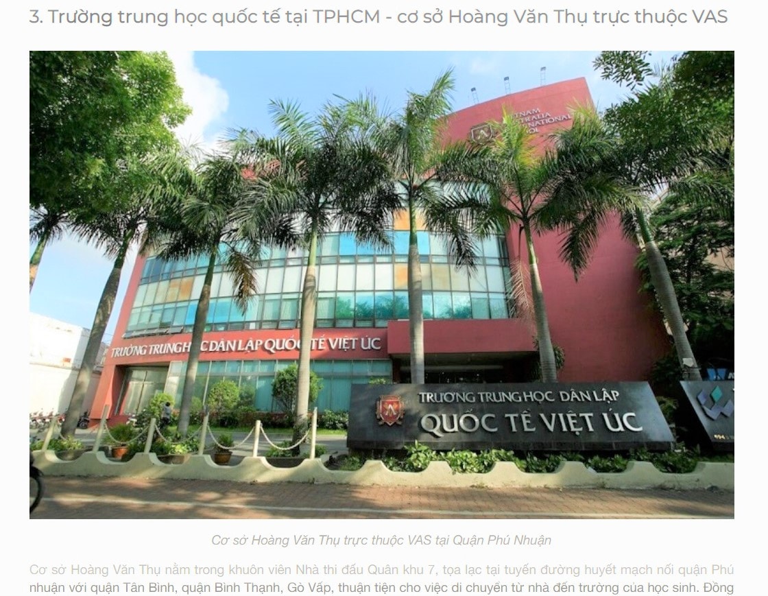 Trường TH, THCS, THPT Việt Úc thì được giới thiệu quảng bá là "Trường Quốc tế Việt Úc (VAS)”. (Ảnh chụp ngày 30.5.2023)