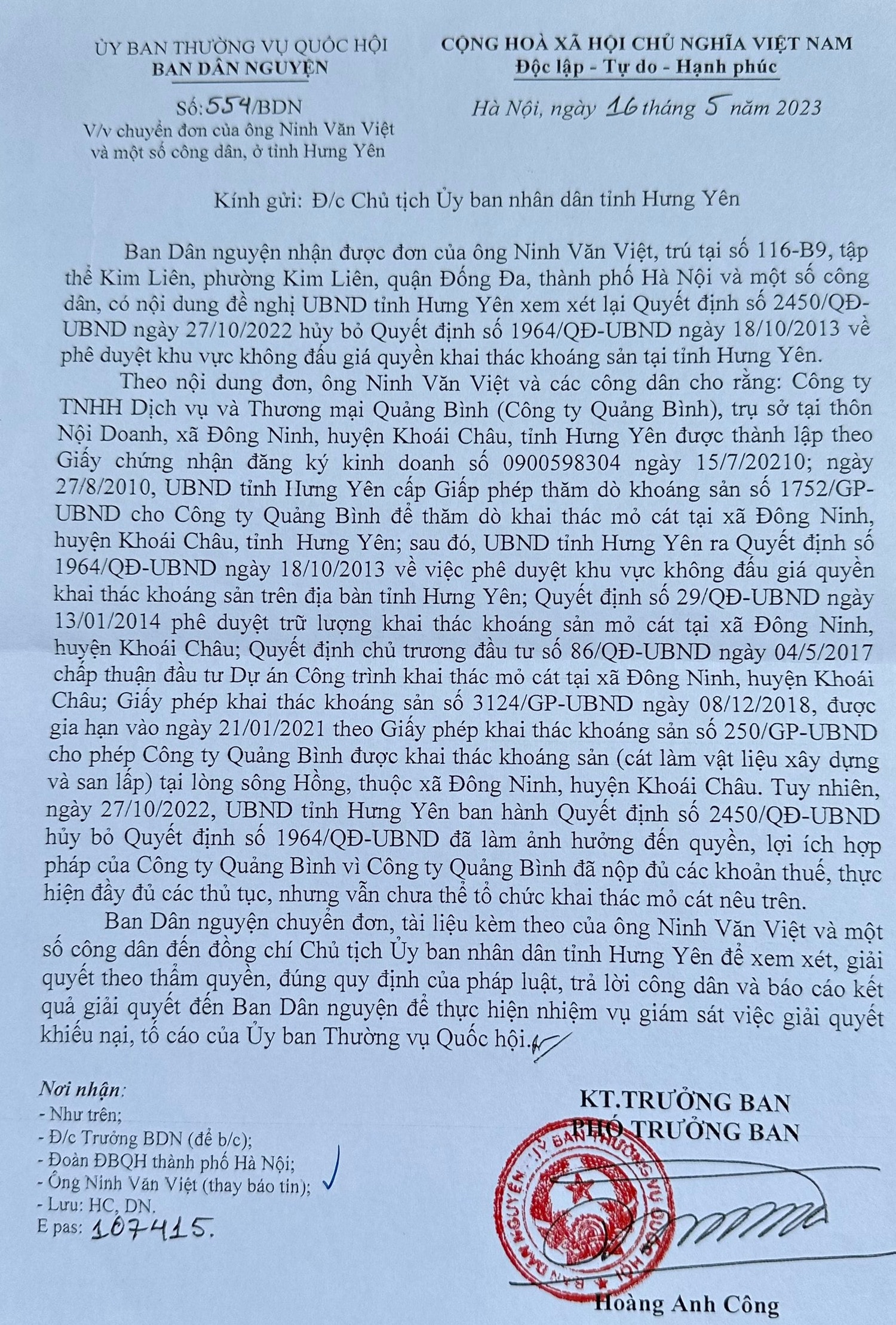 Thanh tra Bộ Kế hoạch và Đầu tư đề nghị UBND tỉnh Hưng Yên giải quyết đơn thư của đại diện Công ty TNHH Dịch vụ và Thương mại Quảng Bình -0