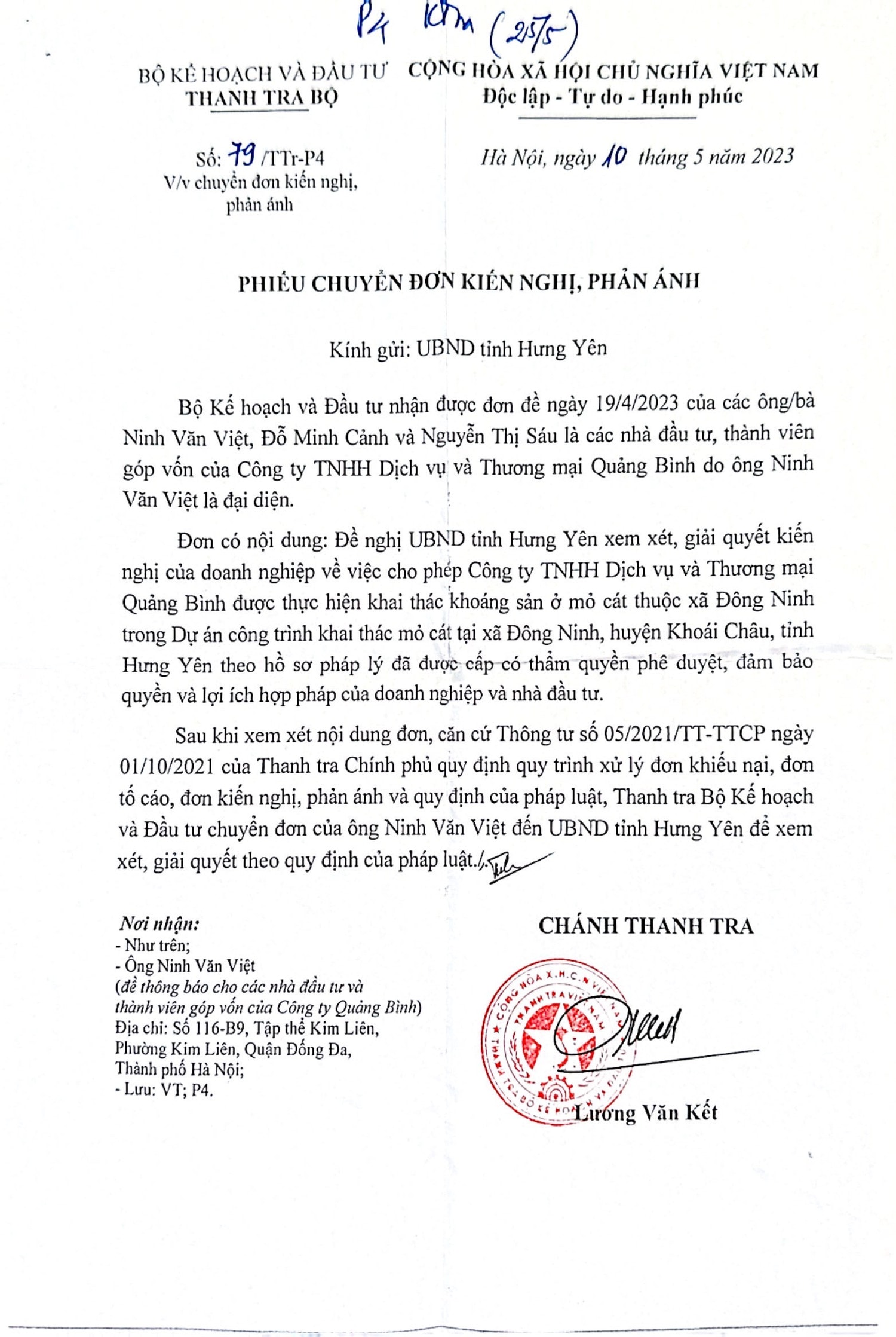 Thanh tra Bộ Kế hoạch và Đầu tư đề nghị UBND tỉnh Hưng Yên giải quyết đơn thư của đại diện Công ty TNHH Dịch vụ và Thương mại Quảng Bình -0