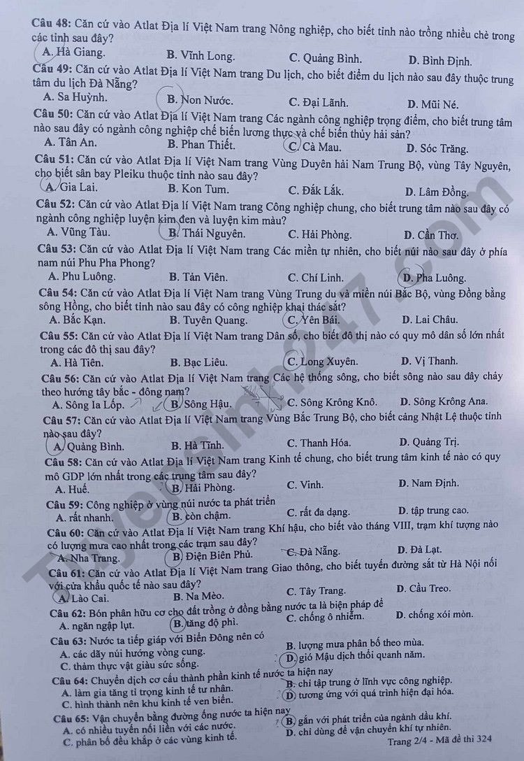 Đề thi môn Sinh - Vật lí - Giáo dục công dân - Hoá học - Địa lí tốt nghiệp THPT 2023 -1