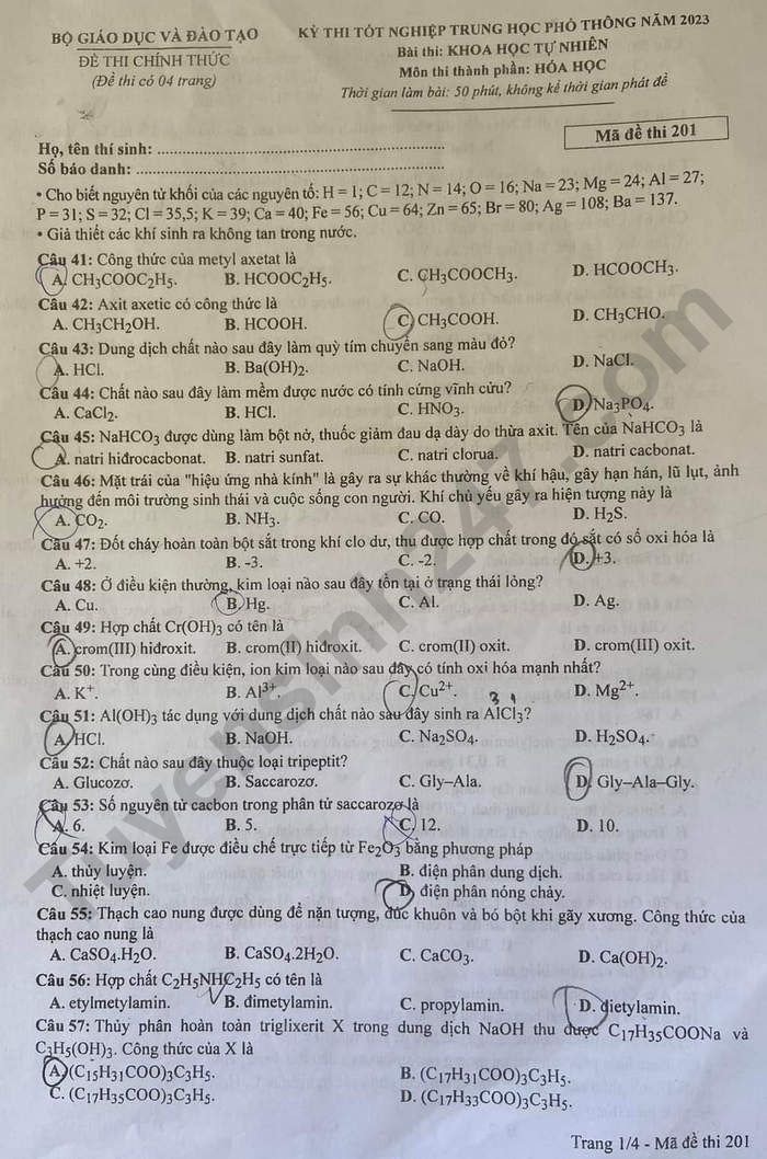 Đề thi môn Sinh - Vật lí - Giáo dục công dân - Hoá học tốt nghiệp THPT 2023 -0