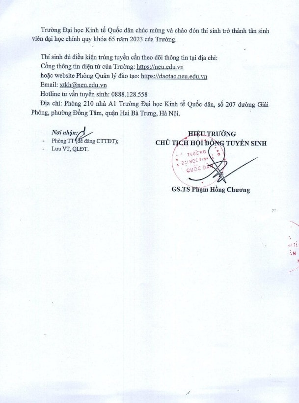 Trường Đại học Kinh tế Quốc dân công bố điểm chuẩn kết quả xét tuyển tổng hợp -0