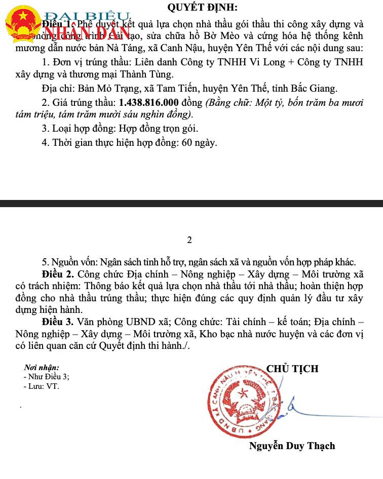 Huyện Yên Thế: Lộ diện Doanh nghiệp được nhận nhiều gói thầu đầu tư công có mức giảm giá 