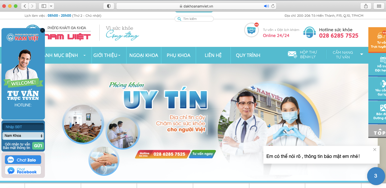 Website quảng cáo về Phòng khám đa khoa Nam Việt. Ảnh chụp màn hình