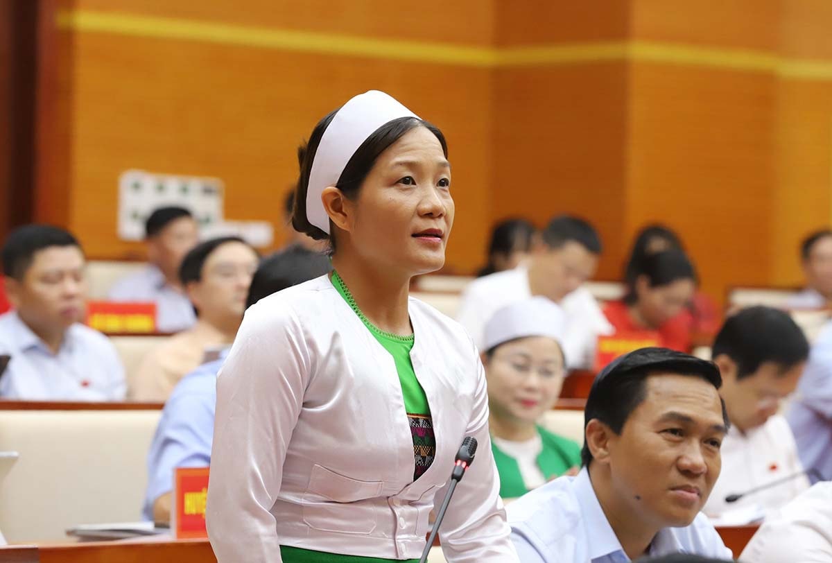 Đại biểu Nguyễn Thu Hà (thành phố Hòa Bình) chất vấn tại kỳ họp. Ảnh T. Tâm