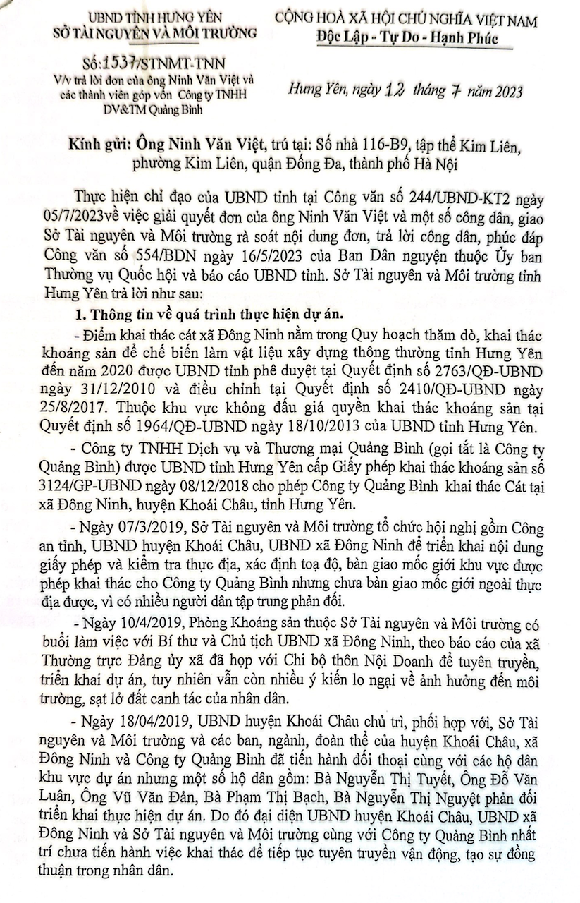Công ty Quảng Bình kêu cứu, đưa ra nhiều căn cứ phản đối trả lời của Sở TN&MT tỉnh Hưng Yên trong việc không gia hạn cấp giấy phép mỏ cát -0
