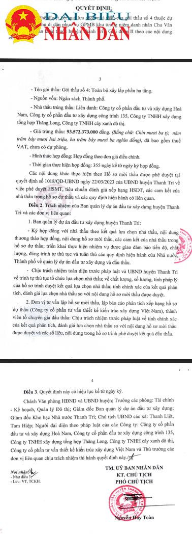 Huyện Thanh Trì: Lộ diện Doanh nghiệp trúng nhiều gói thầu đầu tư công có mức giảm giá thấp -0