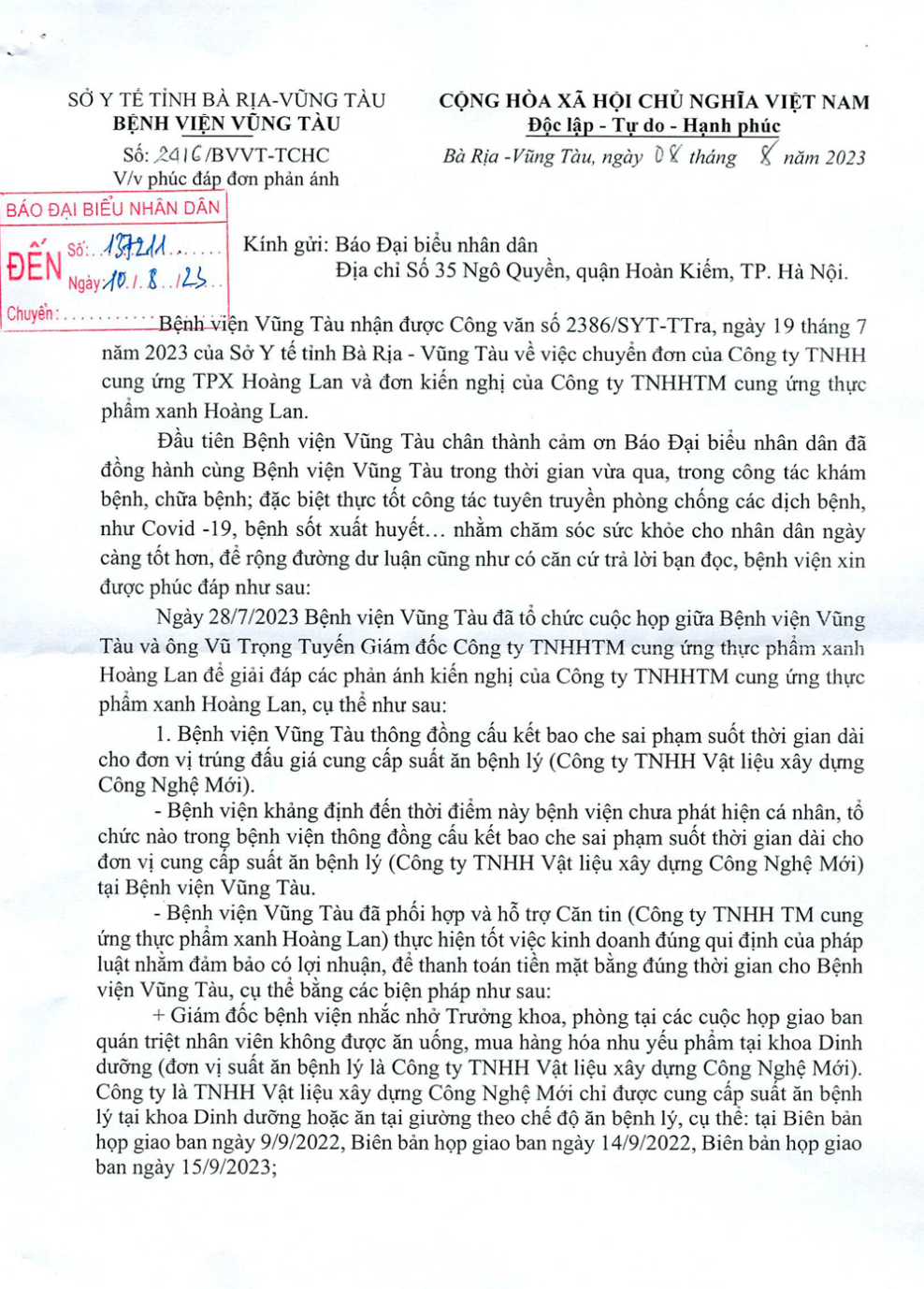 Bệnh viện Vũng Tàu phản hồi đơn thư phản ánh việc thông đồng bao che sai phạm cho đơn vị trúng đấu giá cung cấp suất ăn bệnh lý -0