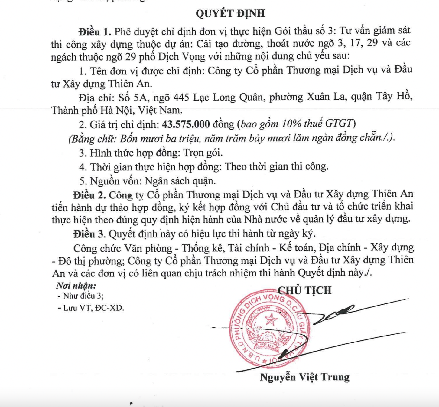 Phường Dịch Vọng (quận Cầu Giấy): Xuất hiện các gói thầu xây dựng có tỷ lệ tiết kiệm ngân sách “có như không” -0