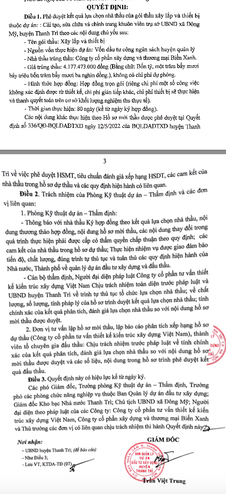 Nhiều gói thầu đầu tư công do Ban QLDA ĐTXD huyện Thanh Trì làm chủ đầu tư có tỷ lệ tiết kiệm ngân sách 