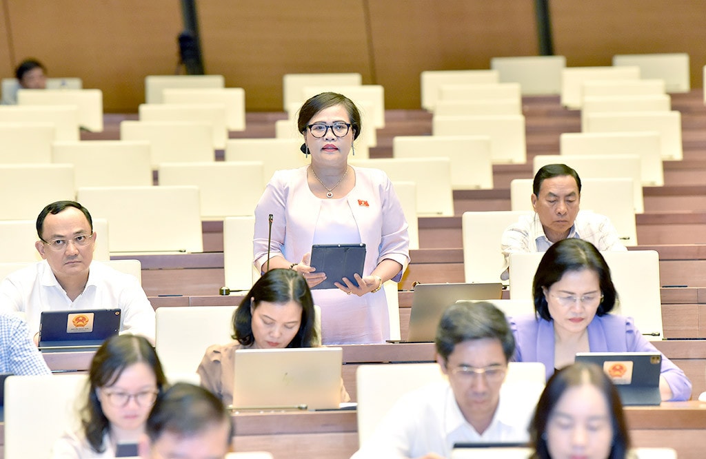 ĐBQH Nguyễn Thị Sửu (Thừa Thiên Huế) phát biểu tại hội nghị. Ảnh: Lâm Hiển Xác định rõ nội hàm giữa nhà lưu trú và nhà ở của công nhân -0