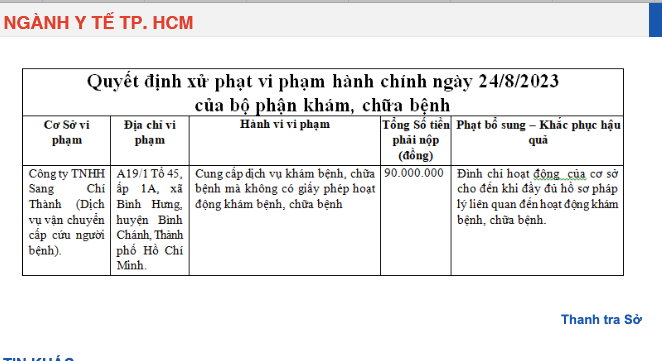 TP. Hồ Chí Minh: Đình chỉ hoạt động một công ty vận chuyển cấp cứu vì khám chữa bệnh 