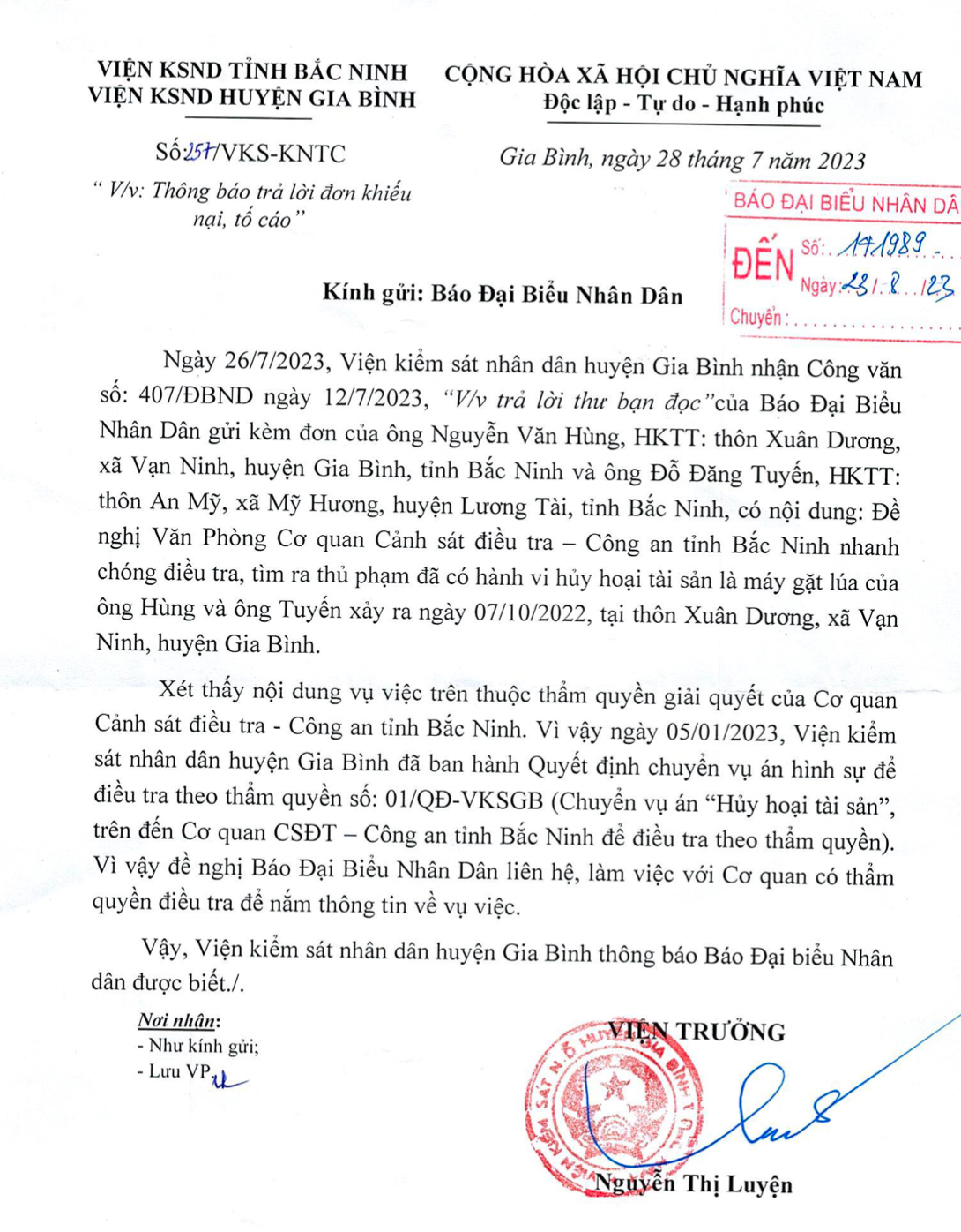 Huyện Gia Bình (Bắc Ninh): Viện KSND huyện Gia Bình đề nghị Công an tỉnh Bắc Ninh nhanh chóng điều tra, tìm ra thủ phạm có hành vi huỷ hoại tài sản -0