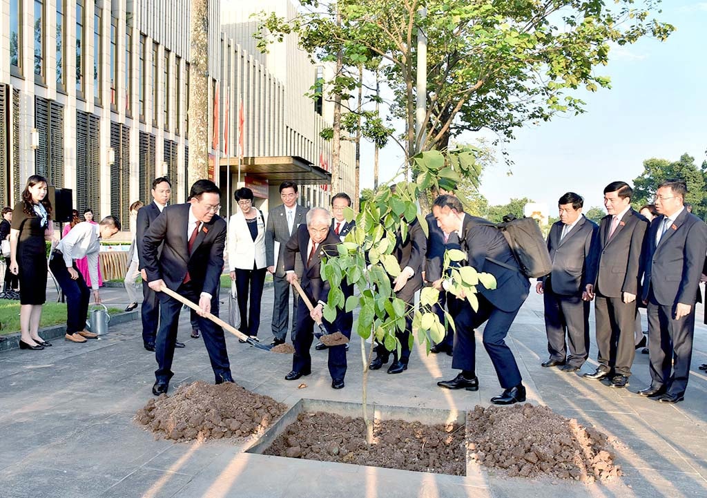 Chủ tịch Quốc hội Vương Đình Huệ và Chủ tịch Thượng viện Nhật Bản Otsuji Hidehisa trồng cây Osaka đỏ. Ảnh: Lâm Hiển Chủ tịch Quốc hội Vương Đình Huệ đón, hội đàm với Chủ tịch Thượng viện Nhật Bản Otsuji Hidehisa -0