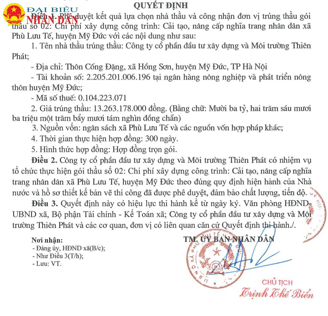 Huyện Mỹ Đức: Công ty CP Đầu tư Xây dựng và Môi trường Thiên Phát trúng nhiều gói thầu đầu tư công có tỷ lệ tiết kiệm cho ngân sách 
