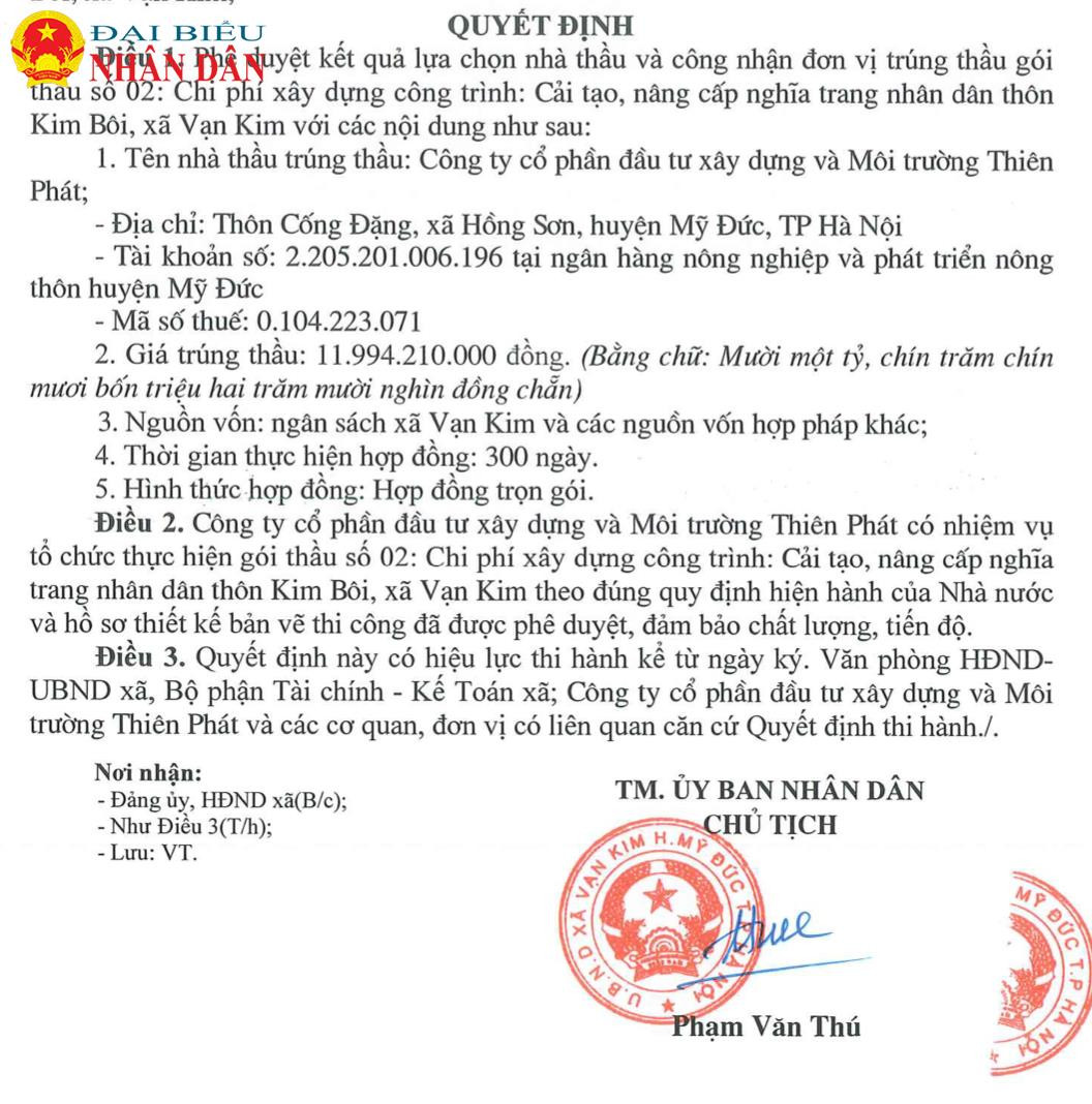 Huyện Mỹ Đức: Công ty CP Đầu tư Xây dựng và Môi trường Thiên Phát trúng nhiều gói thầu đầu tư công có tỷ lệ tiết kiệm cho ngân sách 