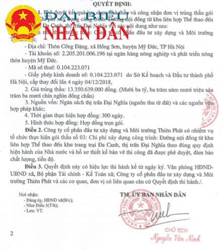 Huyện Mỹ Đức: Công ty CP Đầu tư Xây dựng và Môi trường Thiên Phát trúng nhiều gói thầu đầu tư công có tỷ lệ tiết kiệm cho ngân sách 