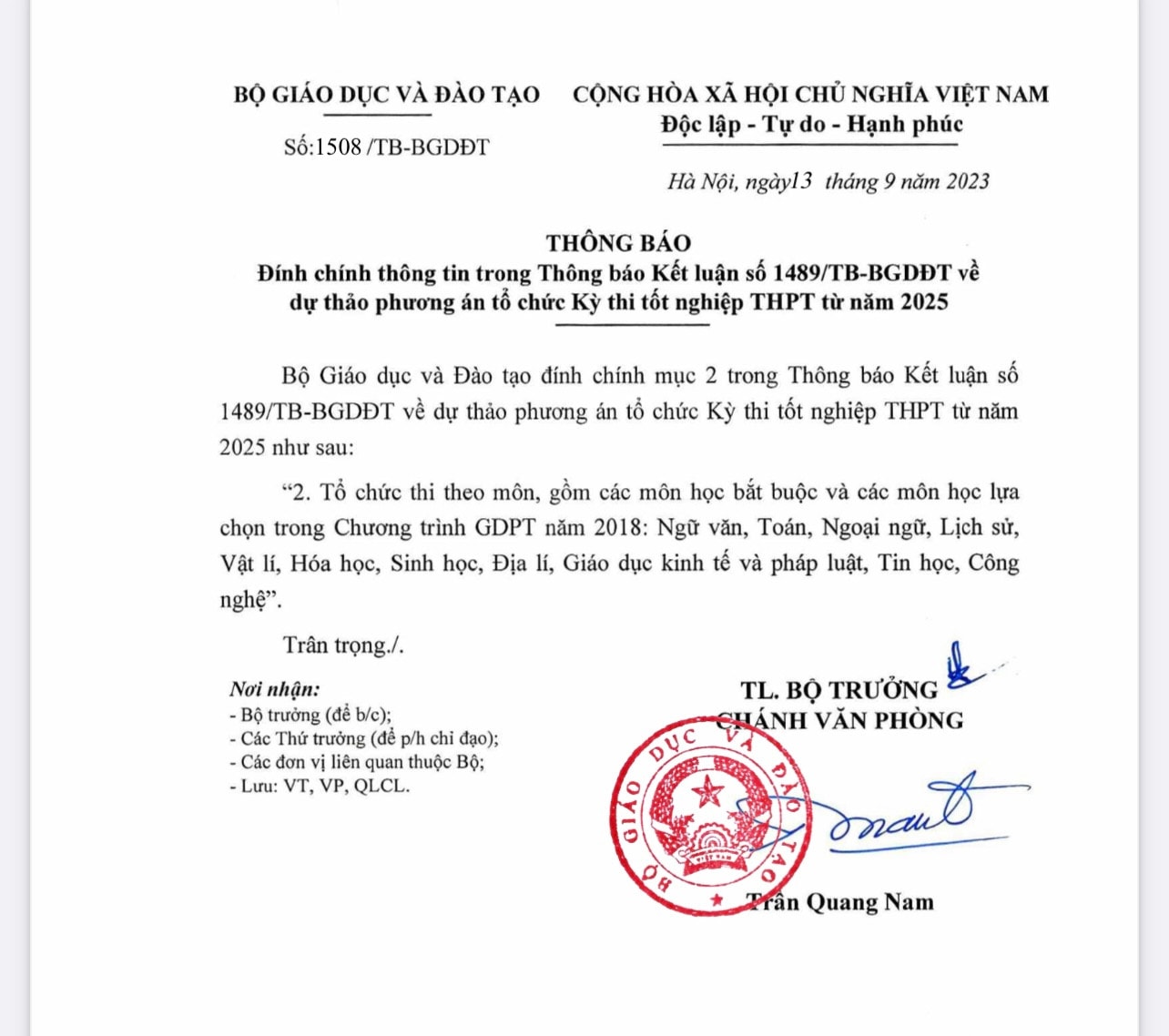 Bộ Giáo dục và Đào tạo đính chính về số môn thi tốt nghiệp THPT năm 2025 -0