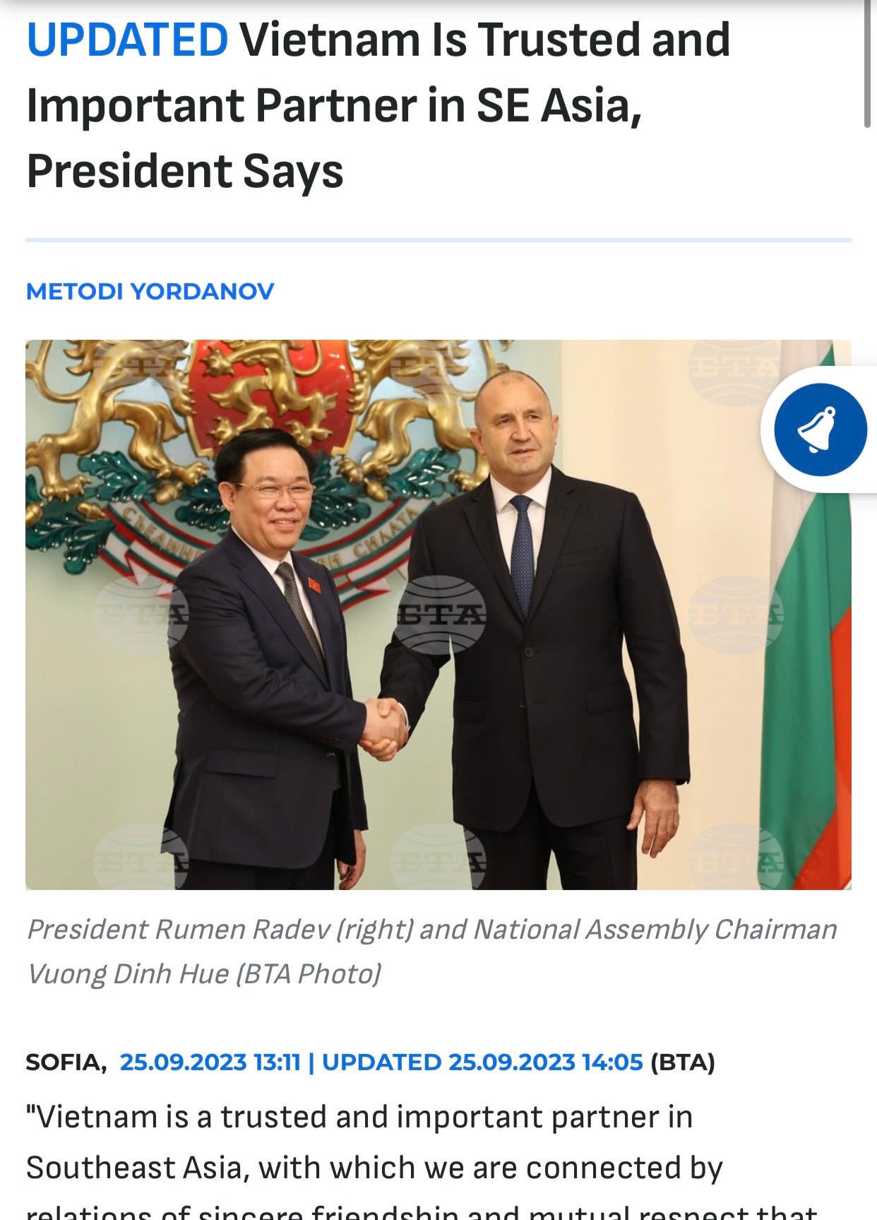 Hãng BTA dẫn lời của Tổng thống Bulgaria khẳng định Việt Nam là đối tác tin cậy và quan trọng ở Đông Á