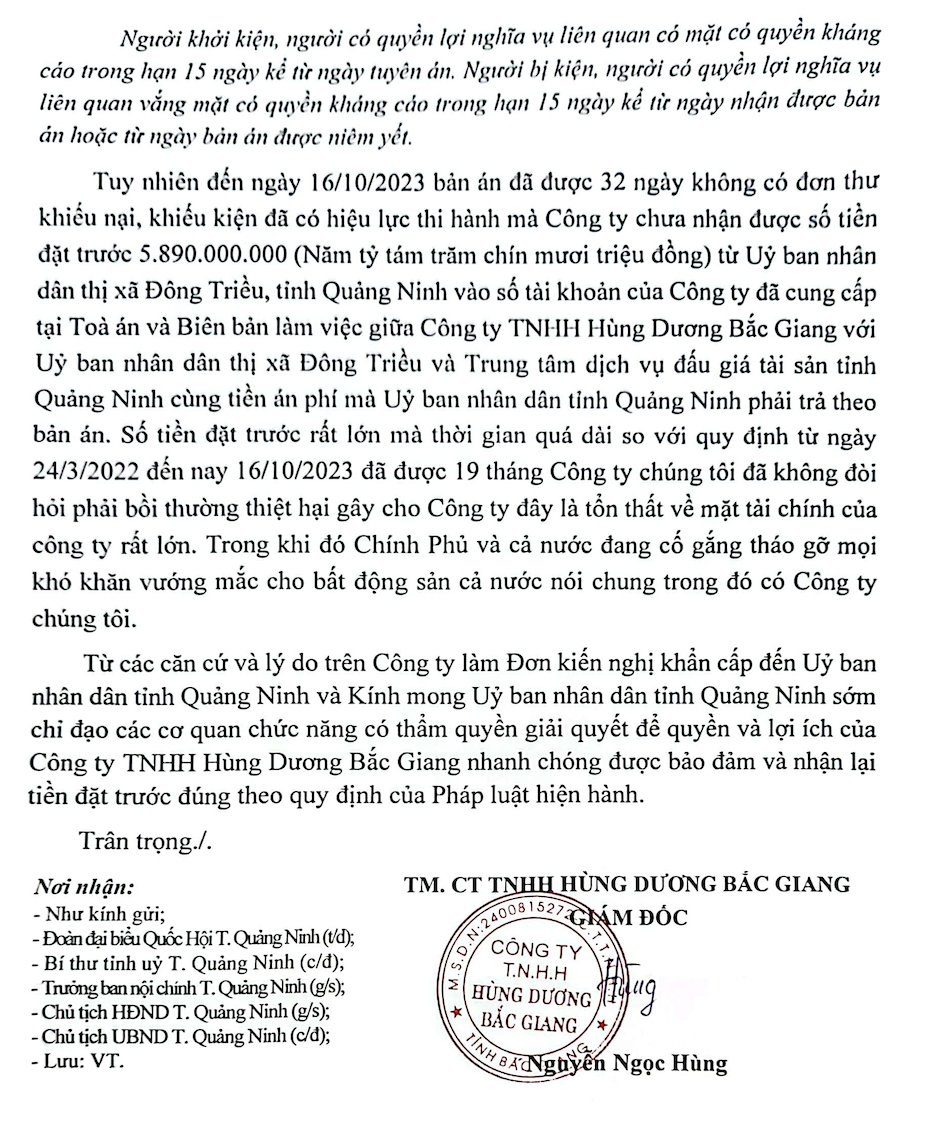 UBND tỉnh Quảng Ninh thua kiện nhưng chậm thi hành án hơn 5 tỷ đồng cho Doanh nghiệp -0