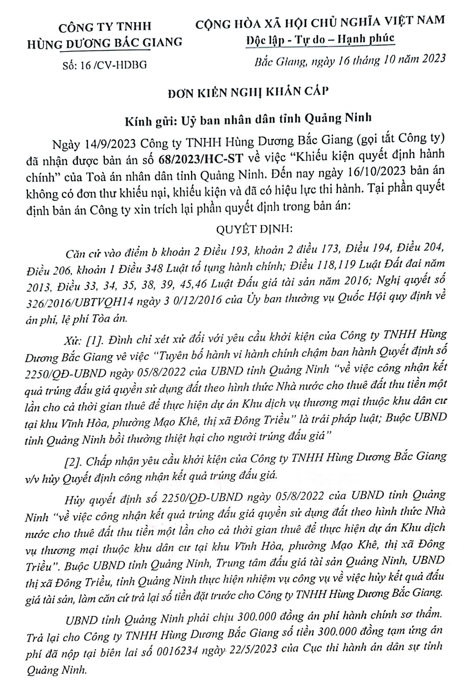 UBND tỉnh Quảng Ninh thua kiện nhưng chậm thi hành án hơn 5 tỷ đồng cho Doanh nghiệp -0