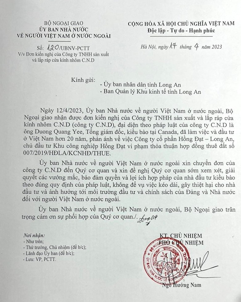 Bộ Xây Dựng, Bộ KH&ĐT đề nghị UBND tỉnh Long An giải quyết đơn thư của Công ty TNHH sản xuất và lắp ráp của kính nhôm CND -0