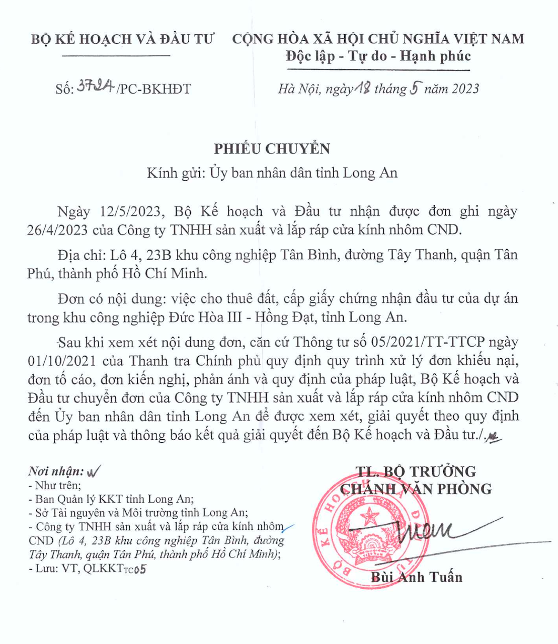 Bộ Xây Dựng, Bộ KH&ĐT đề nghị UBND tỉnh Long An giải quyết đơn thư của Công ty TNHH sản xuất và lắp ráp của kính nhôm CND -0